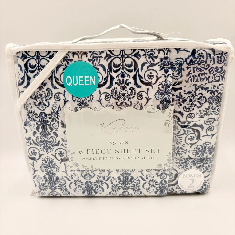 Kindred Home Queen 6 Piece Sheet Set Navy Blue White Damask Scroll 14in Pocket